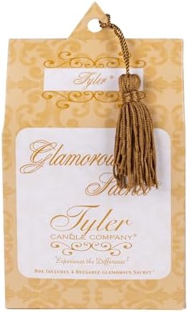 Four reusable dryer sachets displayed next to the Tyler Candle Company packaging.