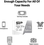 SP Silicon Power 1TB flash memory card displayed next to compatible premium Android devices.