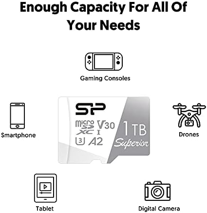 SP Silicon Power 1TB flash memory card displayed next to compatible premium Android devices.