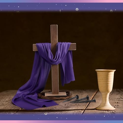 BEIJIALY handcrafted wooden religious cross centerpiece with purple scarf and crown of thorns.