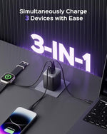 Wegear 100 Watt Power Delivery charging block connected to a laptop and smartphone simultaneously