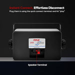 Pyle compact 3.5 inch three way audio drivers inside rugged black enclosure.