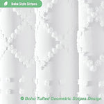 Dynamene boho geometric bathroom curtain showing the weighted hem design that prevents billowing during showers.