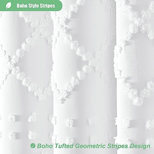 Dynamene boho geometric bathroom curtain showing the weighted hem design that prevents billowing during showers.