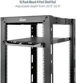 Side angle view of Tecmojo universal adjustable shelf rails for IT networking equipment