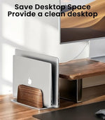 LOXP black cedar and silver aluminum laptop stand styled inside a minimalist home office setup.