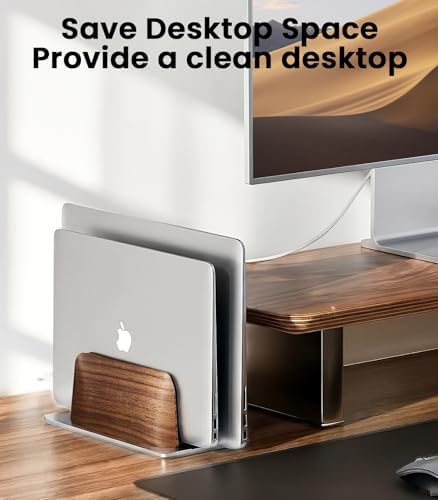 LOXP black cedar and silver aluminum laptop stand styled inside a minimalist home office setup.