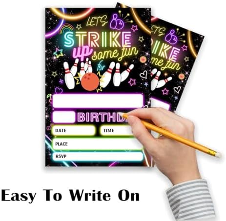 Close up of the fill in the blank lines on the bowling theme birthday invitation card.