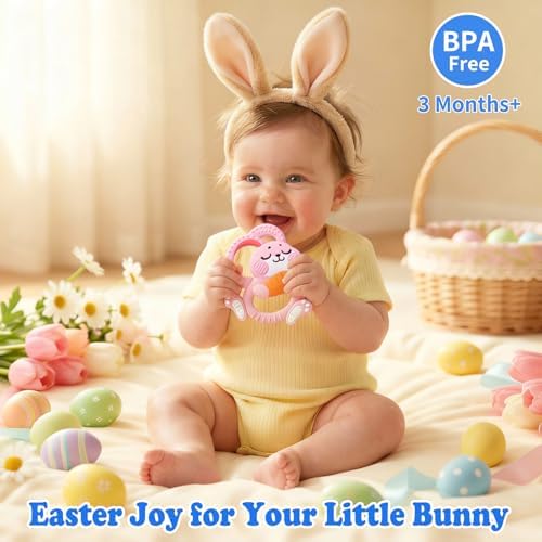 Duannick silicone baby teether being held by an infant to demonstrate the easy-grip design.