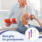 Individual portable T-shaped firm bristled denture brushes arranged by color variant.