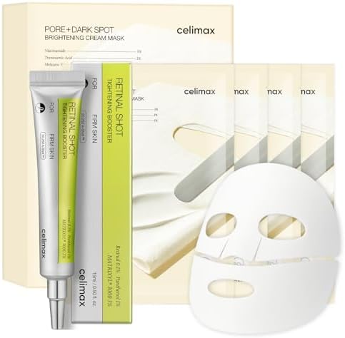 Celimax Retinal Shot Tightening Booster kit front view showing serum tube and cream masks for anti aging skincare.