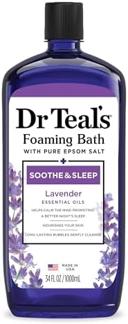 Dr Teals pure Epsom salt bubble bath bottle showcasing the Soothe and Sleep lavender label