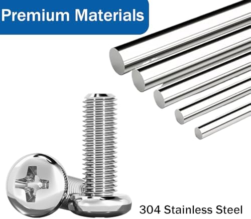 Stainless steel M4 M6 M8 machine screws and metal flat washers sorted neatly on a clean white background