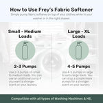 Biodegradable ingredients label on FREY natural liquid fabric softener bottle