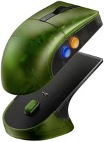 Side profile of 8BitDo R8 translucent green mouse showing programmable thumb buttons
