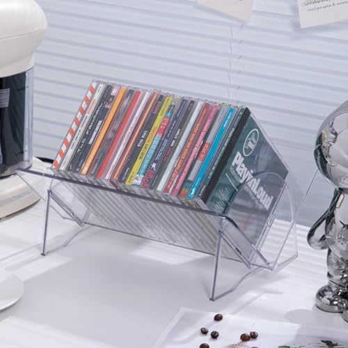 Top angle view of empty clear plastic compact disc storage racks.