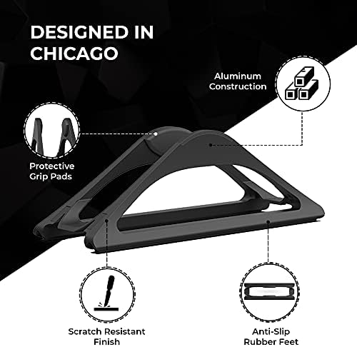 HumanCentric matte black laptop stand showing stable rubber feet base