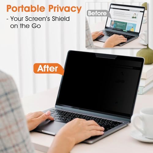 Premium polyethylene terephthalate computer monitor privacy shield packaged with its protective storage clip.
