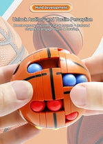Hands holding 3D puzzle sport ball showing rotating layers