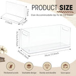 Side angle of transparent acrylic media storage container with built-in cutout carrying handles.
