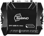 Side view of Timpano Class D mini stereo car amplifier showing heavy duty power and speaker terminals.