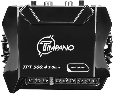 Side view of Timpano Class D mini stereo car amplifier showing heavy duty power and speaker terminals.