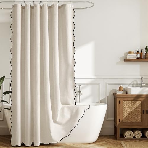 Full length view of the heavy duty farmhouse bath drapery hanging by a bathtub
