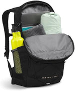 The North Face premium black and rose gold backpack standing upright unsupported to demonstrate the structured base.
