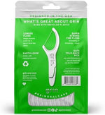 Close up of Grin dental floss pick showing the fifty percent longer fine floss head designed for tight teeth.