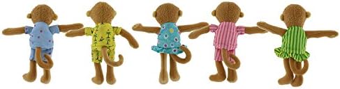 Five imported MerryMakers counting monkey puppets standing in a row displaying vivid pajama patterns.