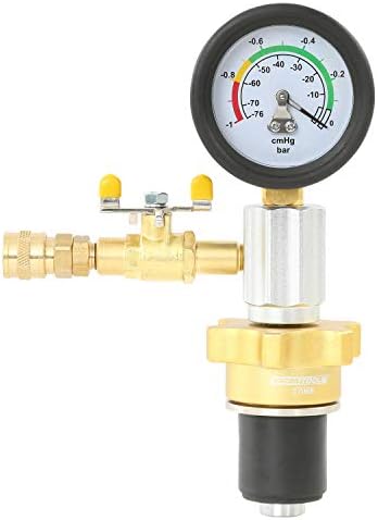 Side view highlighting the robust brass and aluminum fittings on the radiator pressure testing tool.