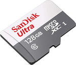 SanDisk 128GB microSDXC storage card shown next to its verified certified packaging material.