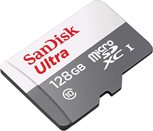 SanDisk 128GB microSDXC storage card shown next to its verified certified packaging material.