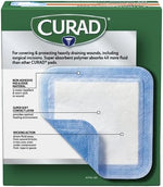 Curad clinical advances sterile dressings pack showing product dimensions and polymer core details.