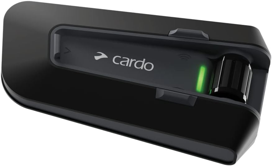 Cardo Packtalk Neo motorcycle helmet communication intercom system front view showing matte black finish and green LED indicator