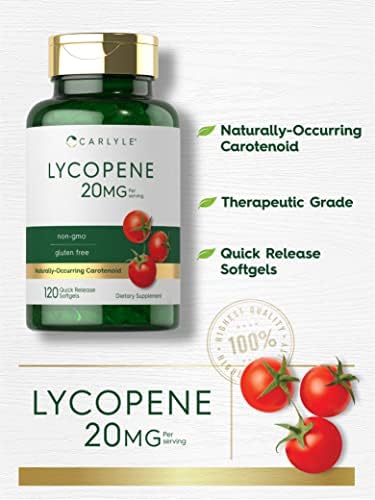 Close up view of Carlyle Lycopene 120 quick release softgels on an unflavored capsule texture