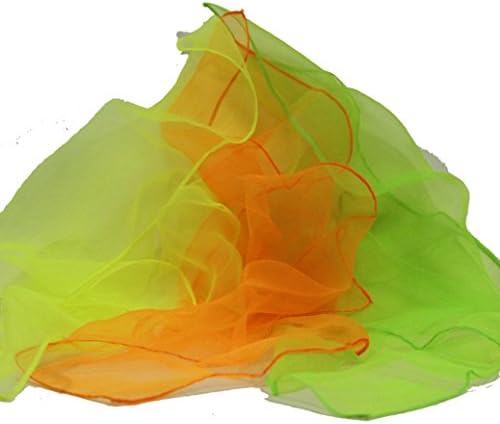 Three vibrant sixteen inch sheer juggling scarves laid flat next to soft non rolling balls