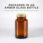 Close up view of Solgar premium gold standard vitamin D3 amber glass bottle base and seals