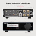 AIYIMA A80 Class D power amplifier rear panel highlighting balanced TRS and PC-USB inputs