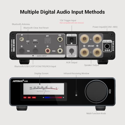 AIYIMA A80 Class D power amplifier rear panel highlighting balanced TRS and PC-USB inputs