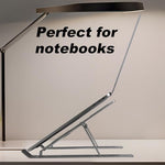 Premium aluminum laptop riser holding a large sixteen inch notebook securely