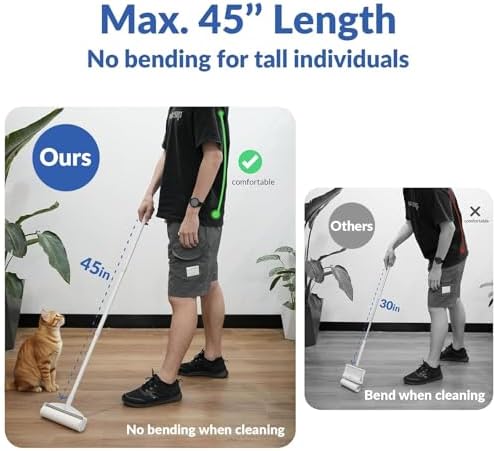 Extendable 45 inch handle sticky mop for pet hair removal.