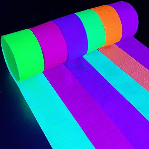 Six hundred feet UV reactive neon party decorations glowing under black light setup.