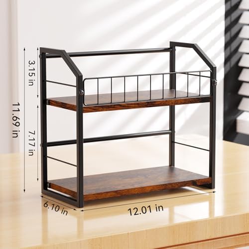 PAPAGIFTREE brown industrial style CD storage stand close up on the rust resistant matte black wire frame