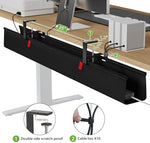 Under table perspective displaying fire retardant fabric holding multiple heavy power extensions and computer adapters.