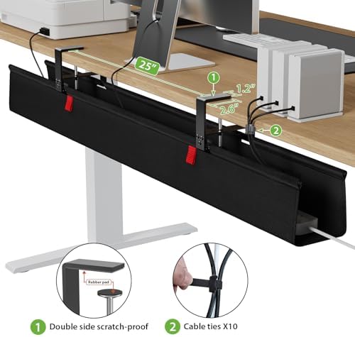 Under table perspective displaying fire retardant fabric holding multiple heavy power extensions and computer adapters.