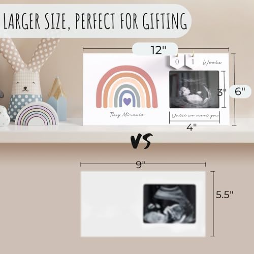 High quality real glass cover on the rainbow theme ultrasound picture frame protecting a baby scan photo.