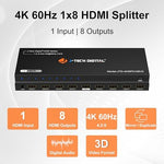 JTD4KSP0108 model HDMI splitter showing the side reset button and power connection port.