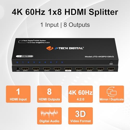 JTD4KSP0108 model HDMI splitter showing the side reset button and power connection port.