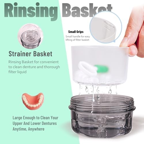 Transparent black denture bath holder for travel storage.